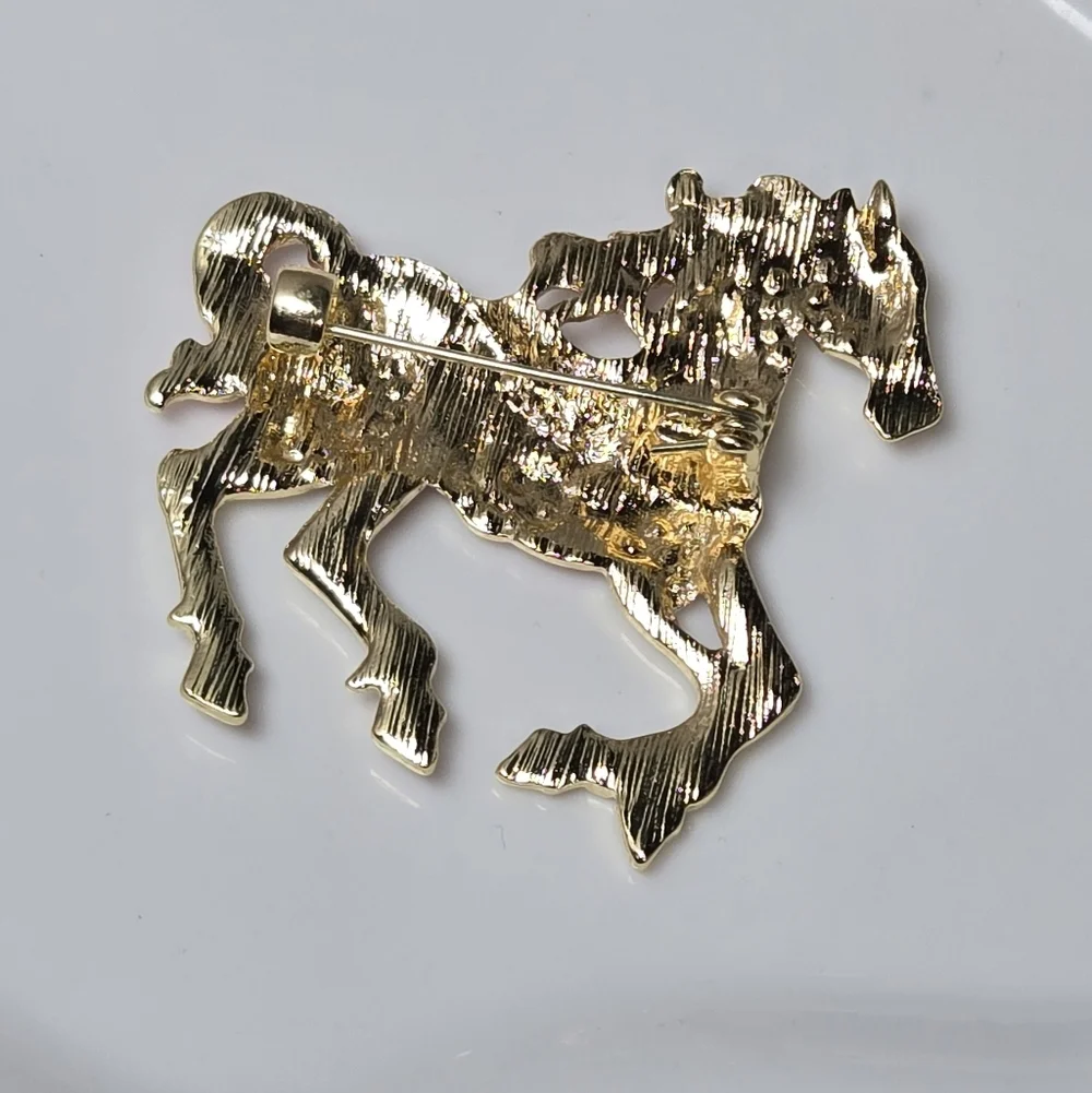 Teal Rhinestone Galloping Horse Brooch Western Equestrian Pin Whimsy Equine Gift
